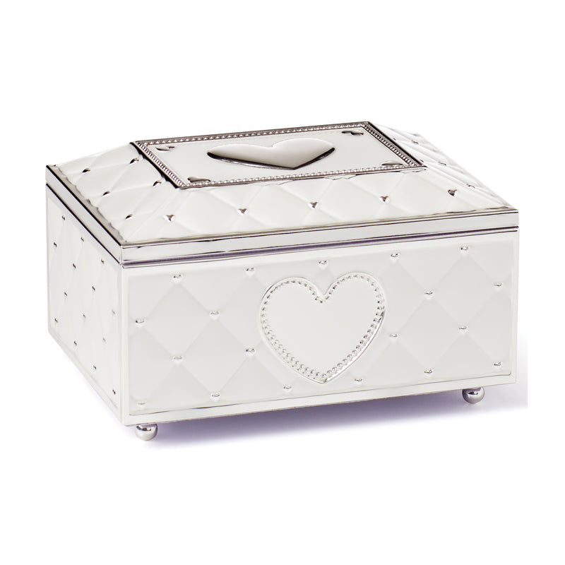 Unicorn musical jewelry box with white exterior, heart badge, and chrome-trimmed lid