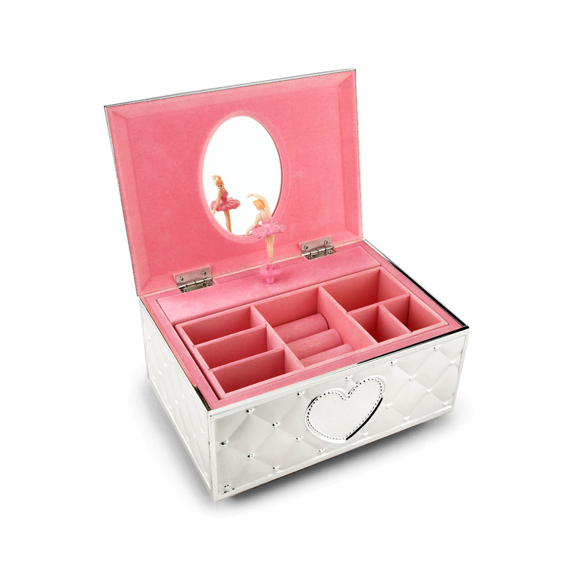 Musical ballerina jewelry box with open lid, pink interior compartments, and songbird scene