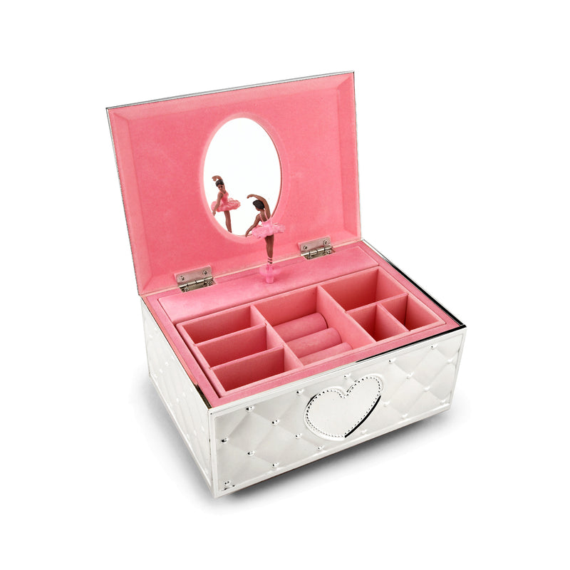 Musical jewelry box with ballerina figurine, pink interior and divided compartments