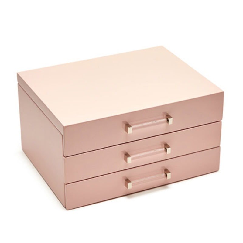 Kendall pink jewelry box with three drawers and top lid handles