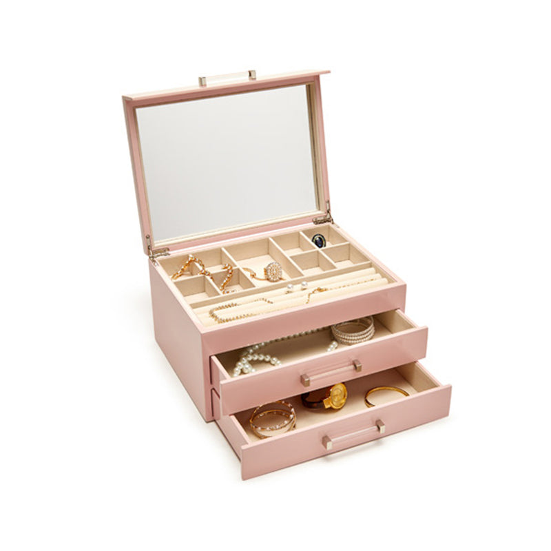 Kendall pink jewelry box open with trays for necklaces and rings