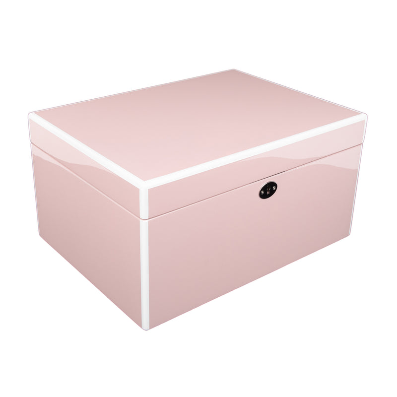 Pink wooden jewelry box, closed, with black oval latch on front