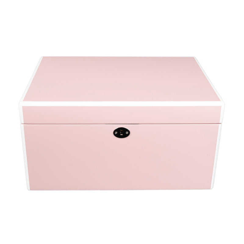 Pink wooden jewelry box, closed top, black oval clasp centered on front
