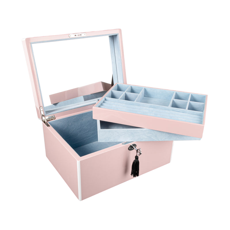 Pink wooden jewelry box with open lid, blue compartment tray, tassel key charm