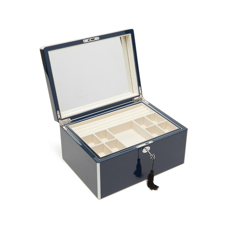 Navy wooden jewelry box with hinged lid, lined interior compartments, tassel pull and latch