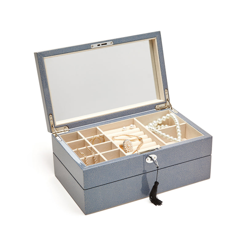 Brouk & Co. Saige blue stackable jewelry box, open with ring and necklace compartments