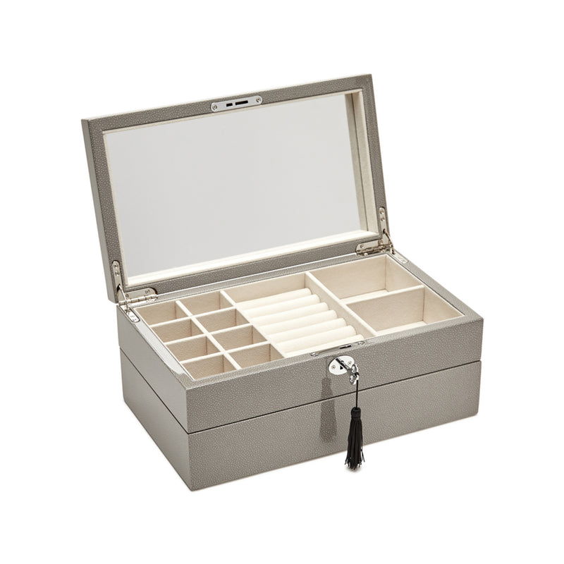 Brouk & Co. Sage light gray stackable jewelry box with open organizer compartments