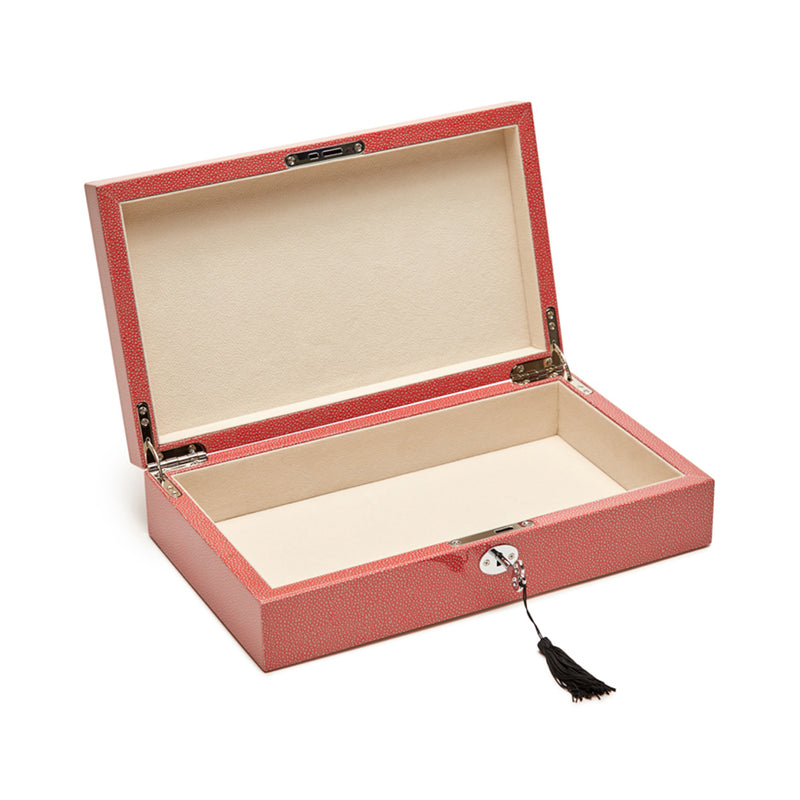 Coral jewelry box with hinged lid, lock and key, open interior tray