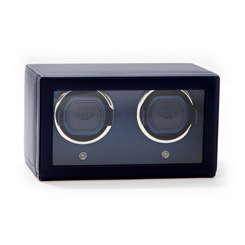 Navy vegan leather double watch winder with two circular winder pads, WOLF logos
