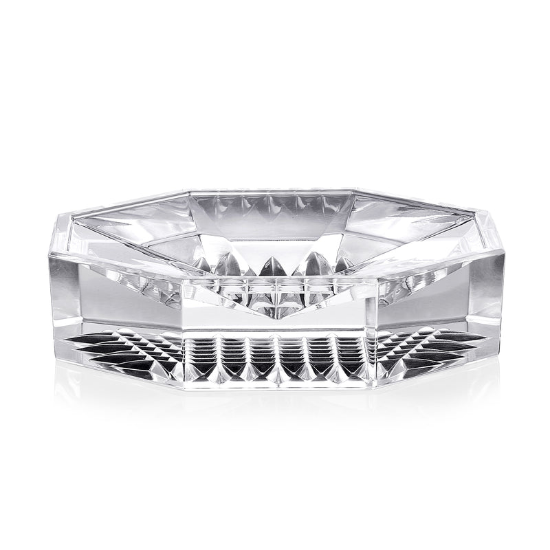 Clear crystal decorative tray with faceted diamond cuts and octagonal rim