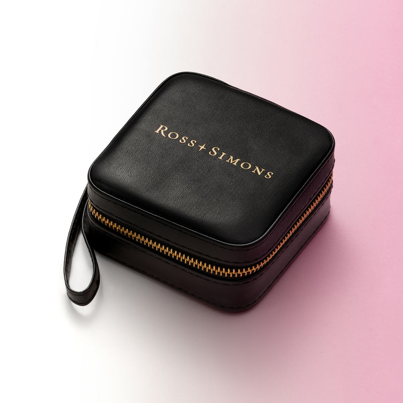 Black faux leather jewelry travel case with zip closure and Ross-Simons logo, wrist strap
