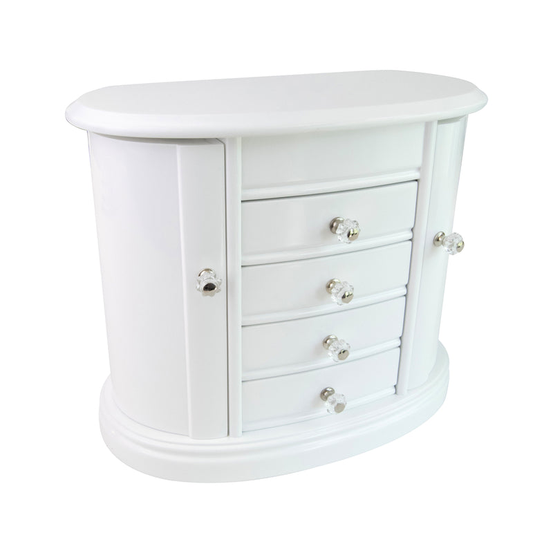 White wooden jewelry box with side doors and three pull-out drawers with knobs