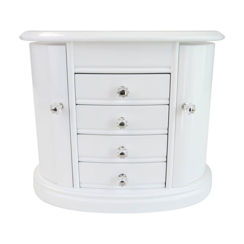 White wooden jewelry box with double doors and three knob-front drawers on a round base