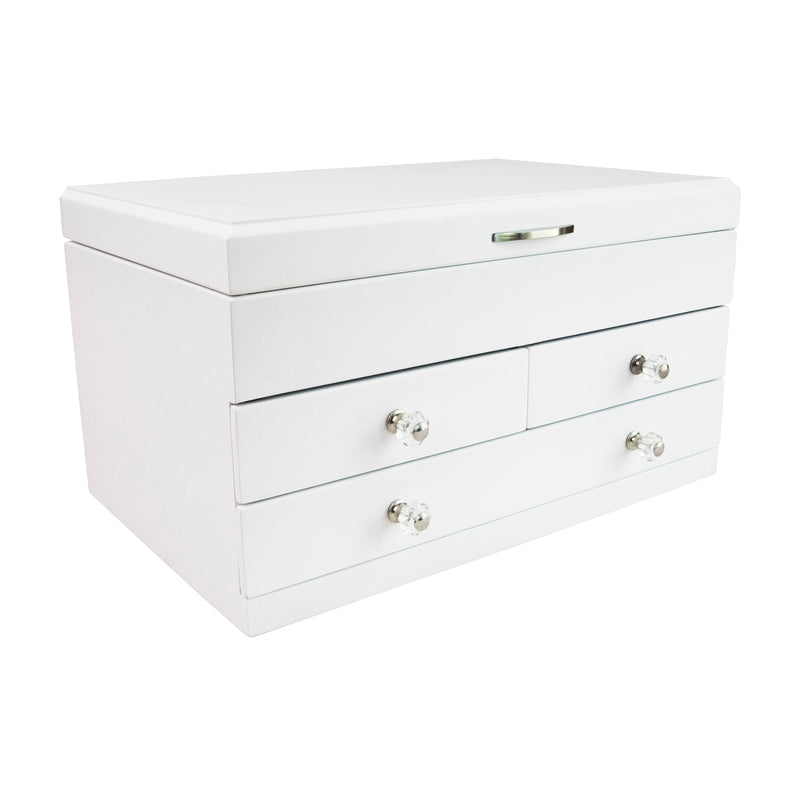 White wooden jewelry box with hinged lid and three front drawers, silver knobs