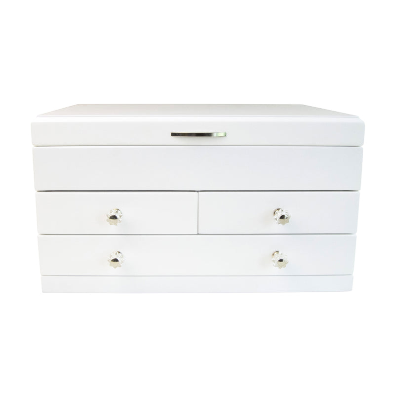 White wooden jewelry box, closed with four drawer knobs and a slim handle