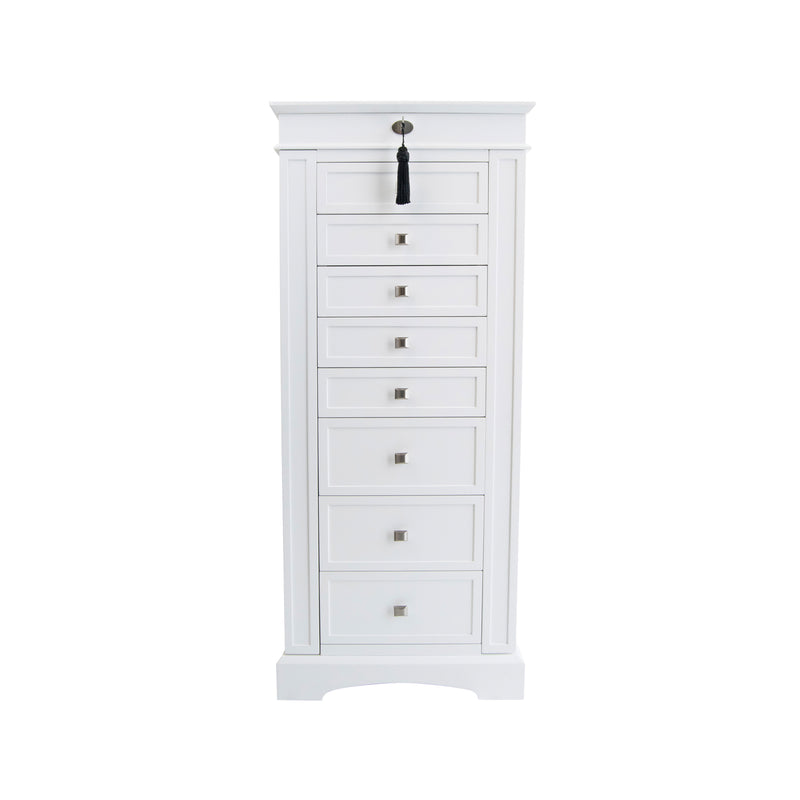 White jewelry armoire with arched crown top, six drawer fronts, key lock