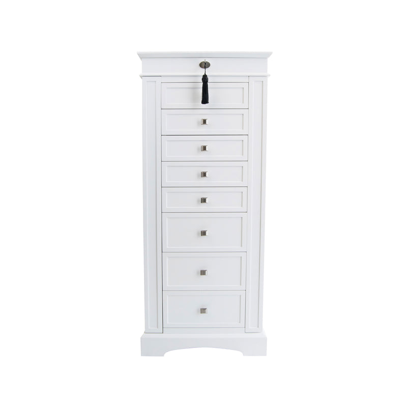 White wooden jewelry armoire with stacked drawer fronts and central key lock