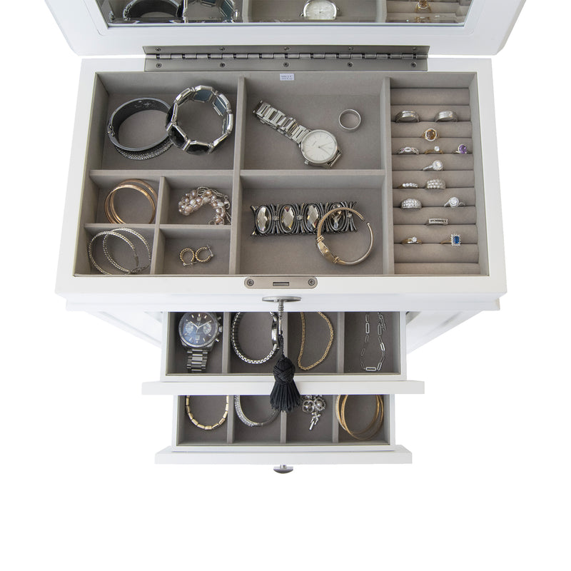 Open white jewelry armoire with gray compartments holding bracelets, rings, and watches