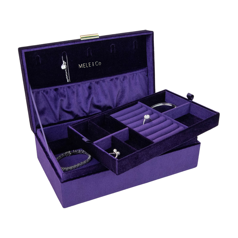 Mele & Co. Jewel Amethyst purple velvet jewelry box with compartments for rings and earrings