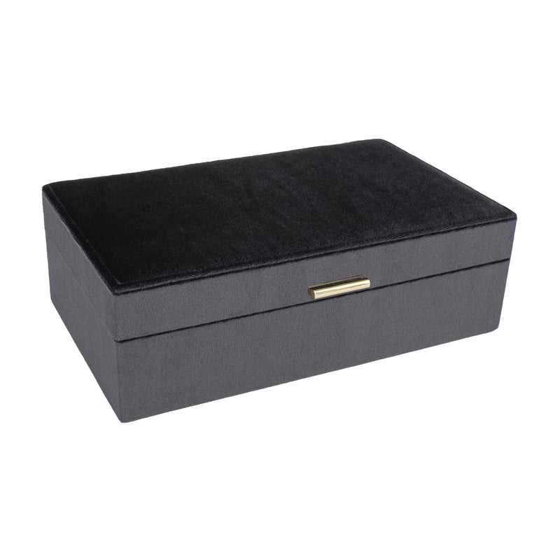 Black velvet jewelry box with hinged lid and gold-tone clasp bar