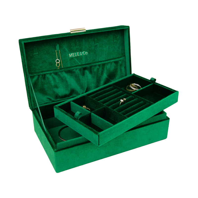 Mele & Co. Jewel Emerald green velvet jewelry box with ring slots