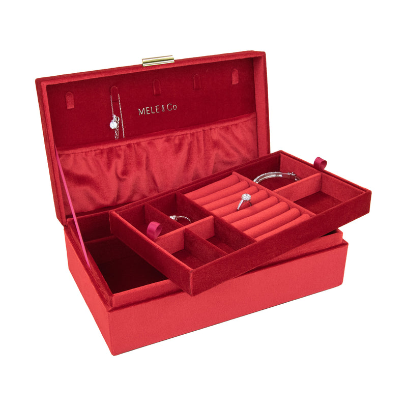 Mele & Co. Jewel Ruby red velvety jewelry box with open compartments for rings