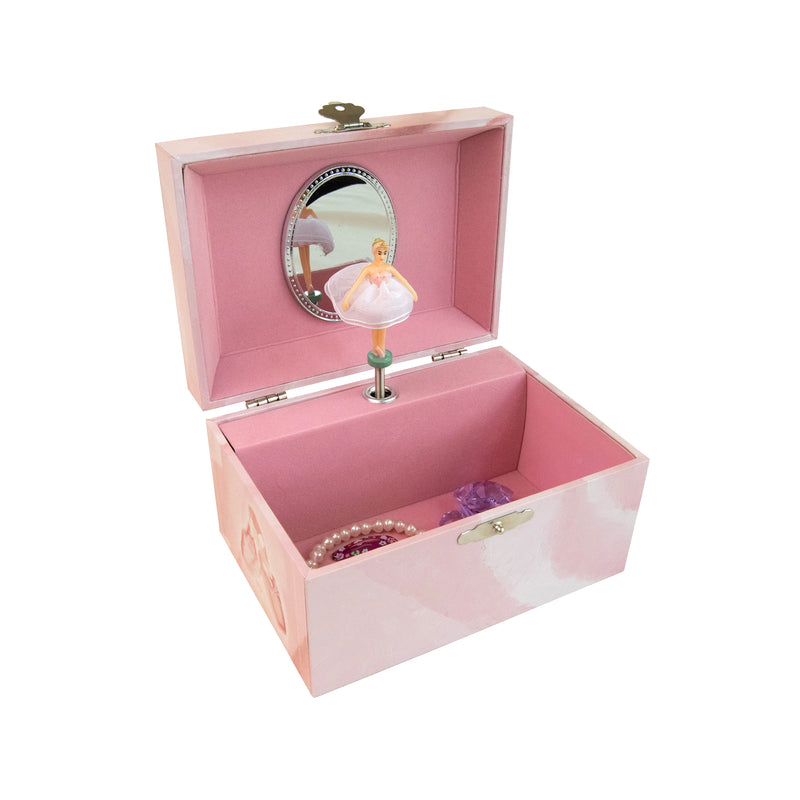 Mele & Co. mini ballerina musical jewelry box, open pink case with ballerina topper