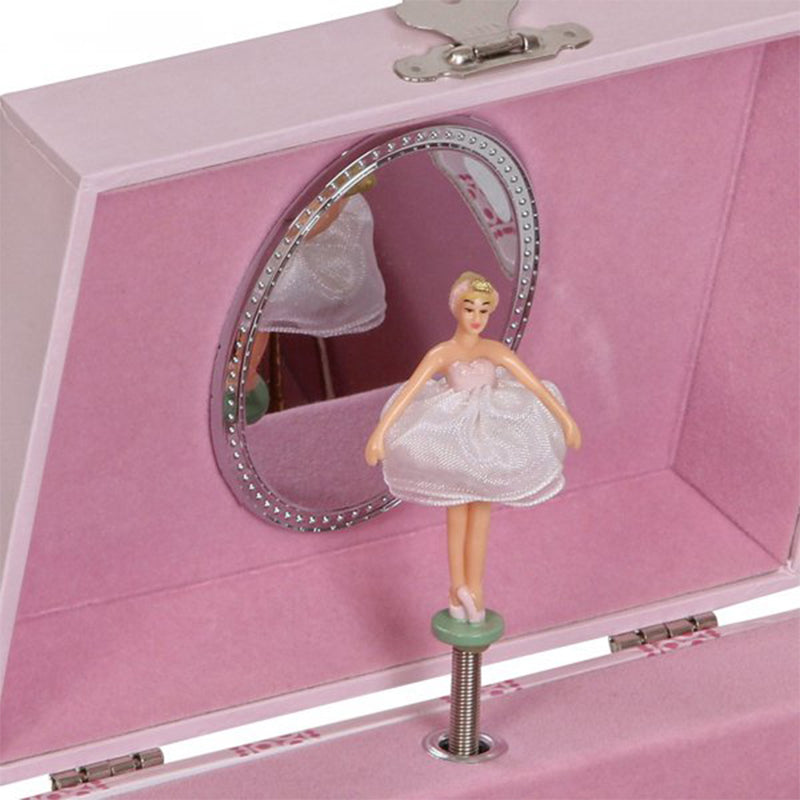 Open pink ballerina musical jewelry box with ballerina figurine and round mirror