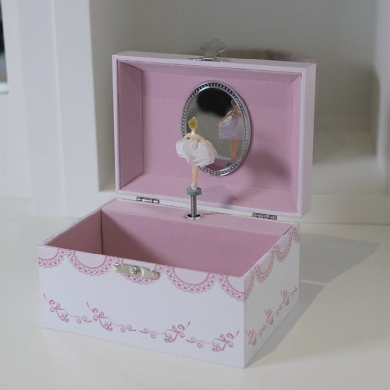 Open pink ballerina musical jewelry box with mirror window and empty interior