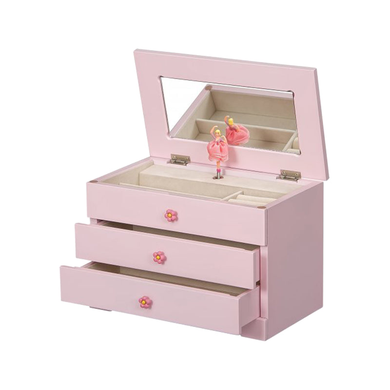Pink ballerina musical jewelry box with open lid, ballerina figurine, and three drawers