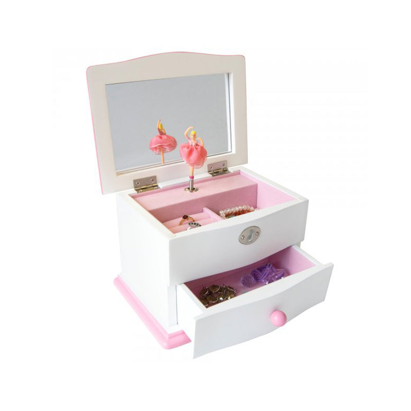 Mele & Co. ballerina musical jewelry box for girls, open with dancer figurines and pink drawers