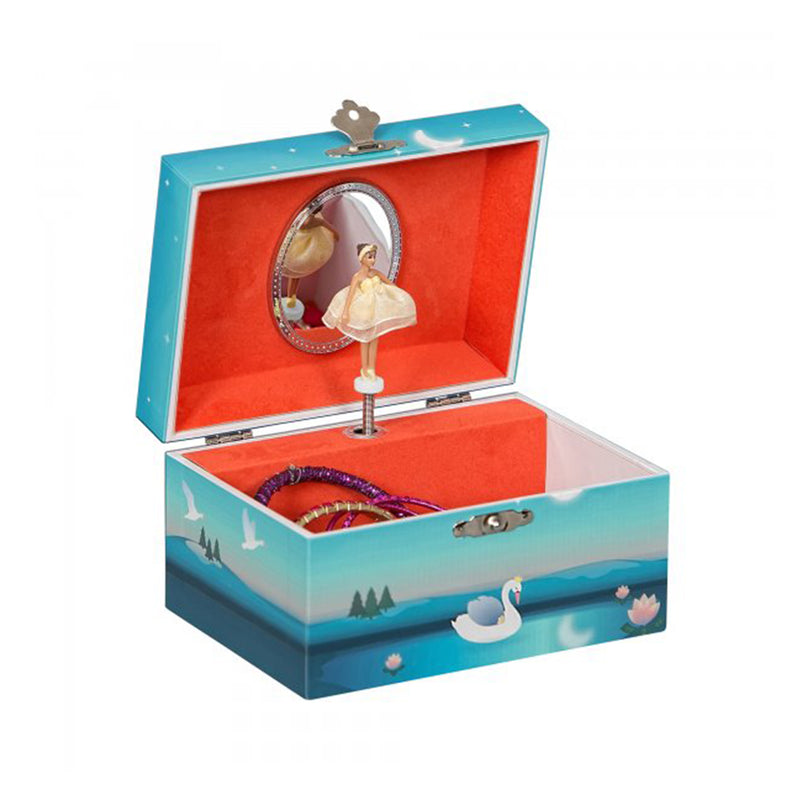 Mele & Co. girl's ballerina musical jewelry box, open blue case with mirror ballerina