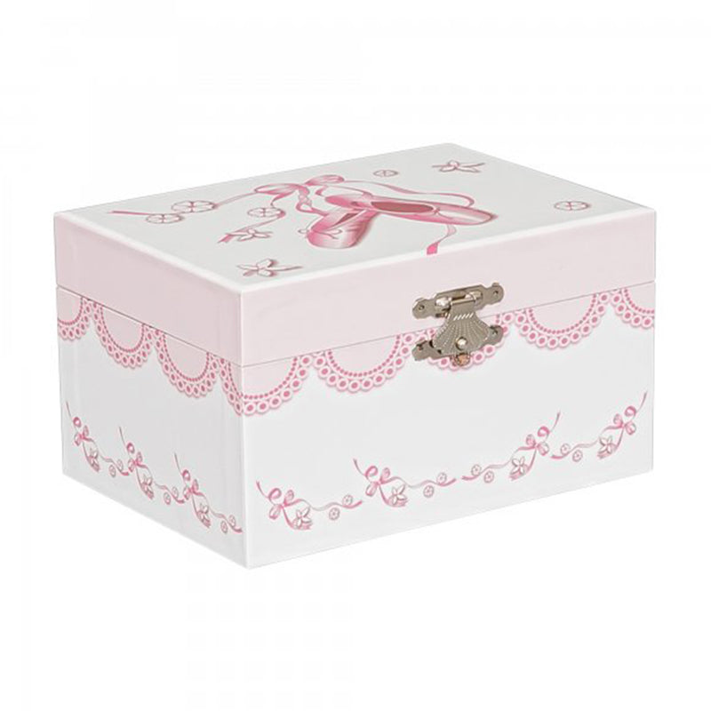 White and pink ballerina musical jewelry box with clasp latch and printed dance scene
