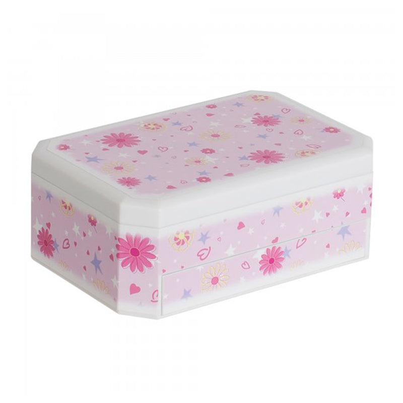 Pink floral musical jewelry box with hinged lid, pastel stars and hearts pattern