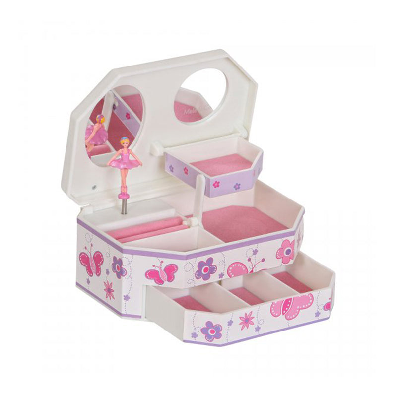 Girls ballerina musical jewelry box, open with pink tiers and spinning dancer inside