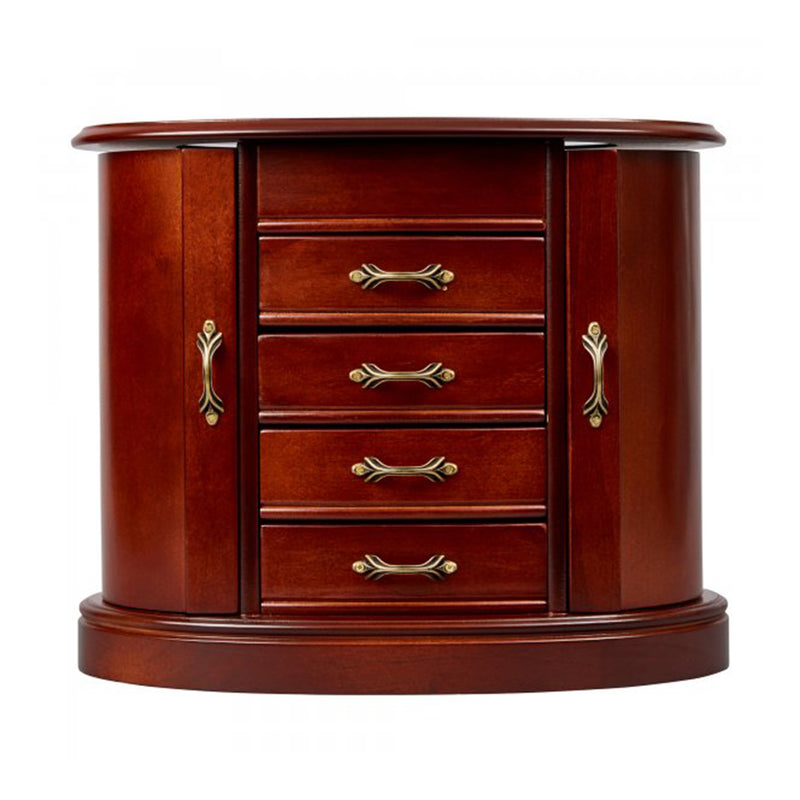 Brown walnut-finish jewelry box with four drawers and decorative brass-tone handles