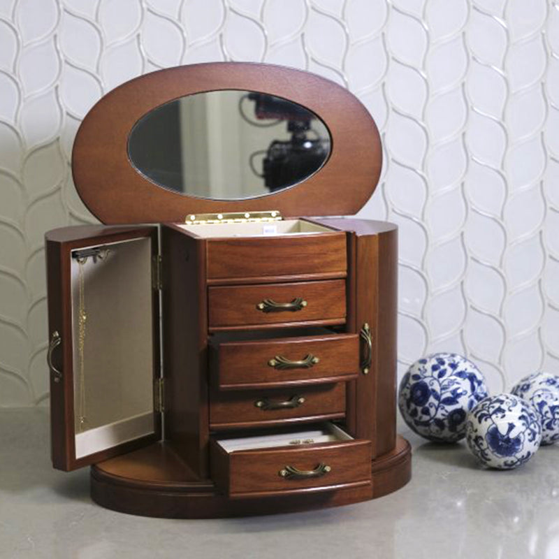 Brown walnut-finish rotating jewelry box with oval mirror and open drawer section