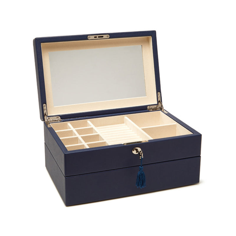 Brouk & Co. Riley navy faux leather jewelry box, open with compartments and drawer