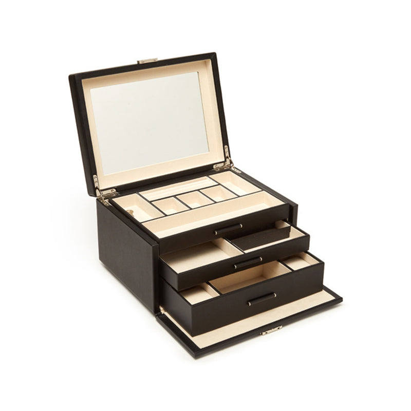 Black faux leather three-tray jewelry box with open lid and built-in compartments
