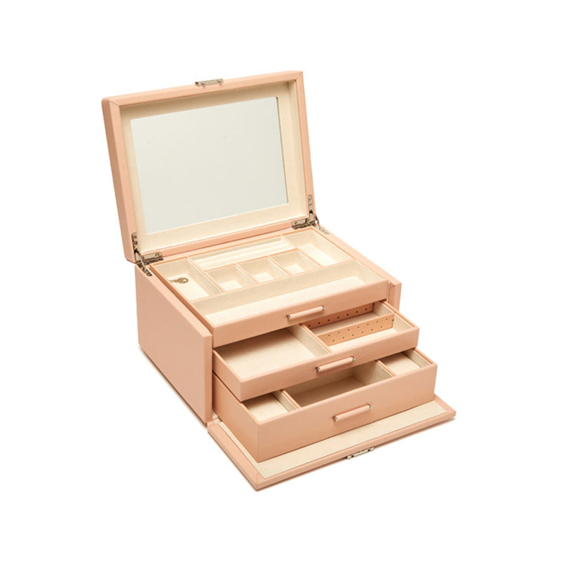Brouk & Co. Riley pink faux leather three-tray jewelry box, open with trays