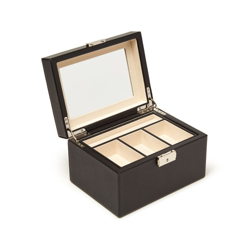 Brouk & Co. black faux leather jewelry box with hinged top and three compartments