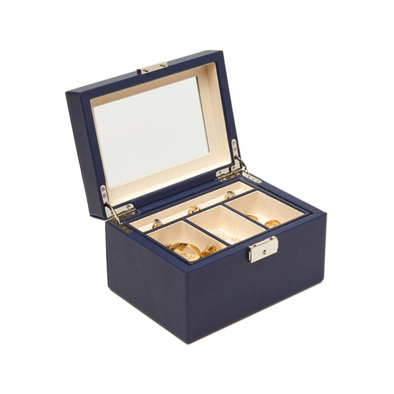 Navy faux leather jewelry box with hinged lid and padded compartments for rings and bracelets