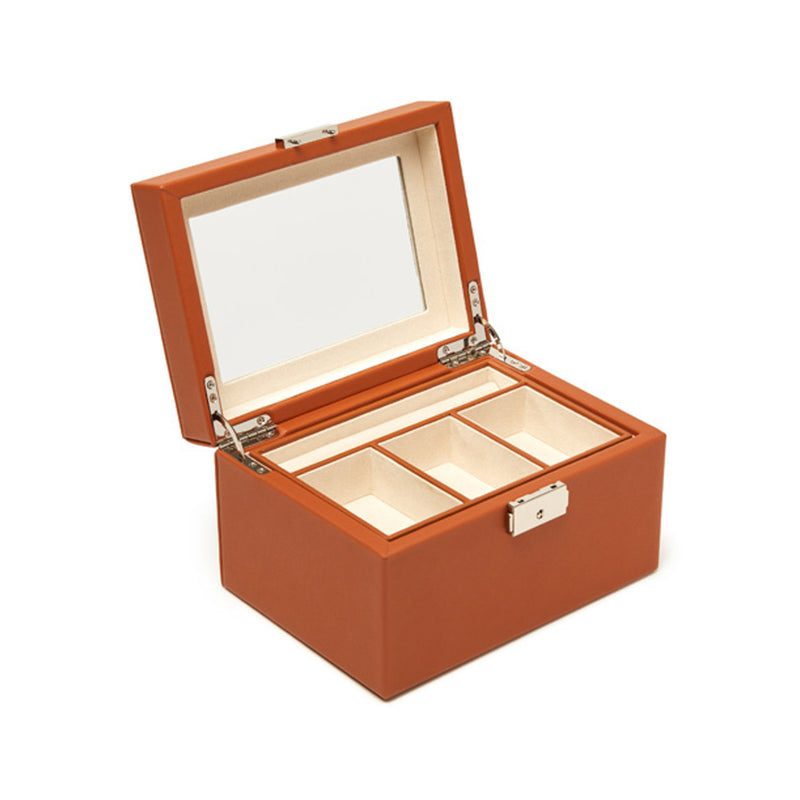 Brouk & Co. Riley brown faux leather jewelry box with open lid and compartment trays