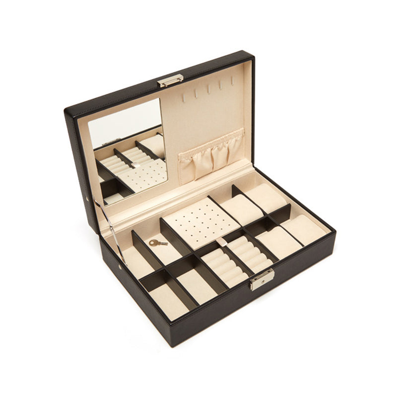 Brouk & Co. Riley black faux leather jewelry box, open with compartments