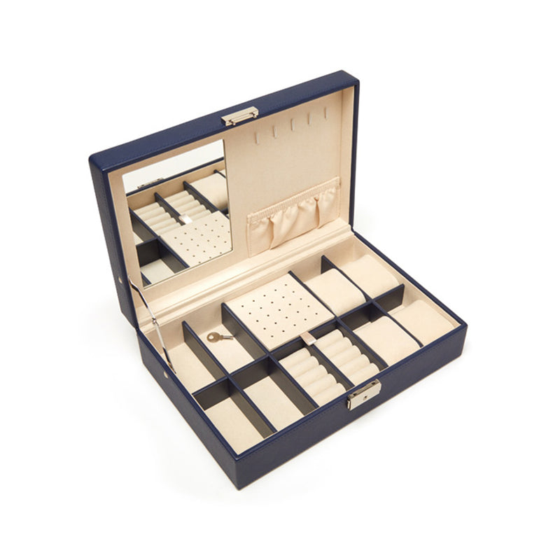 Brouk & Co. Riley navy faux leather jewelry box open, compartment trays