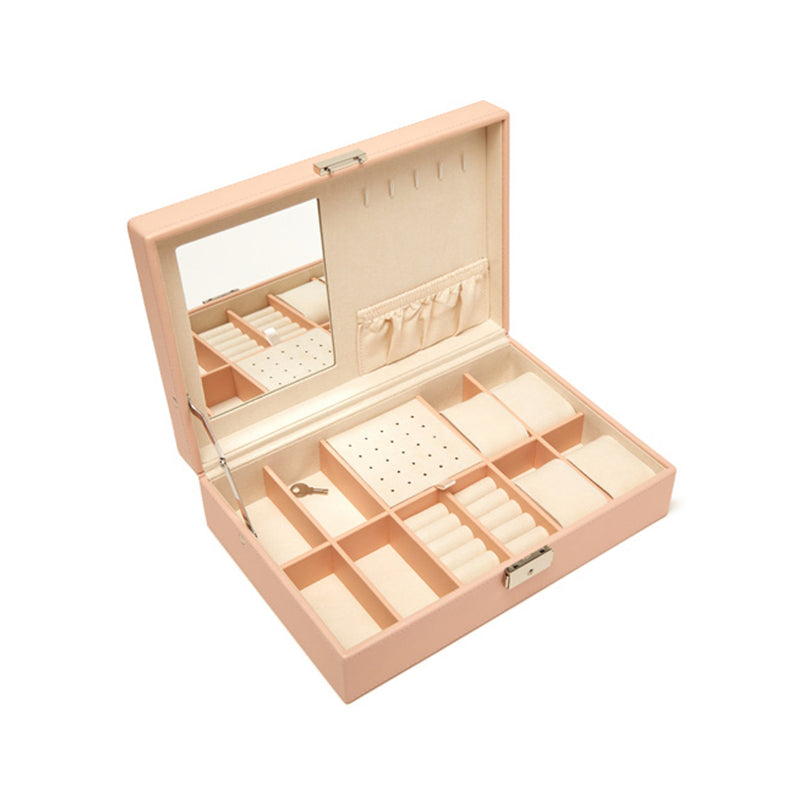 Brouk & Co. Riley pink faux leather jewelry box, single-hinged, open with compartments
