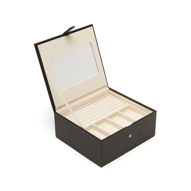 Brouk & Co. Jodi black faux leather three-tray jewelry box, open top with trays