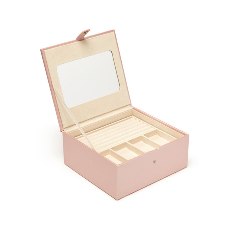 Brouk & Co. Jodi pink faux leather three-tray jewelry box with open lid and beige trays