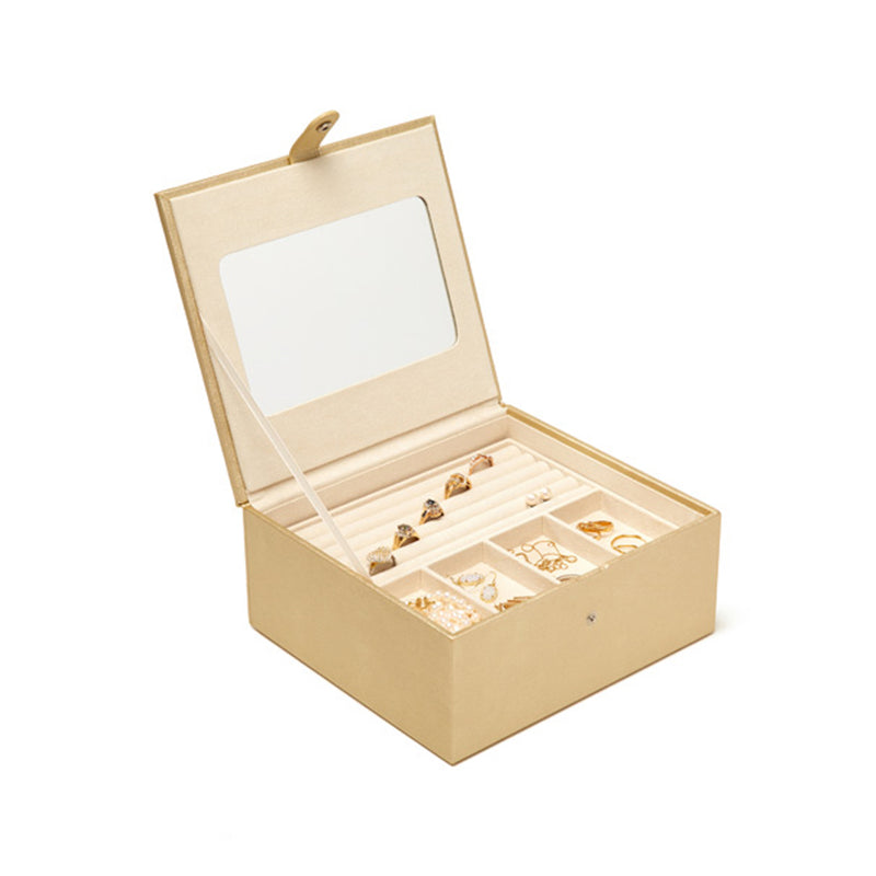Brouk & Co. Jodi golden faux leather three-tray jewelry box with open lid and compartments