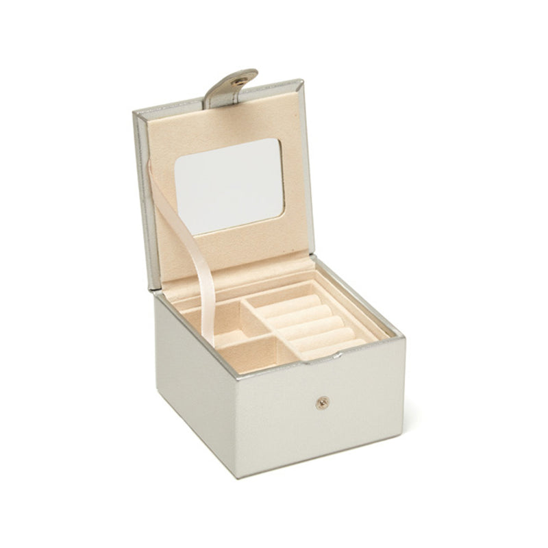Brouk & Co. Jodi silver faux leather two-tray jewelry box, open with beige trays
